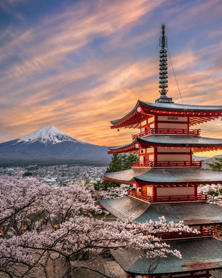 Tokyo con il Monte Fuji e la pagoda Chureito